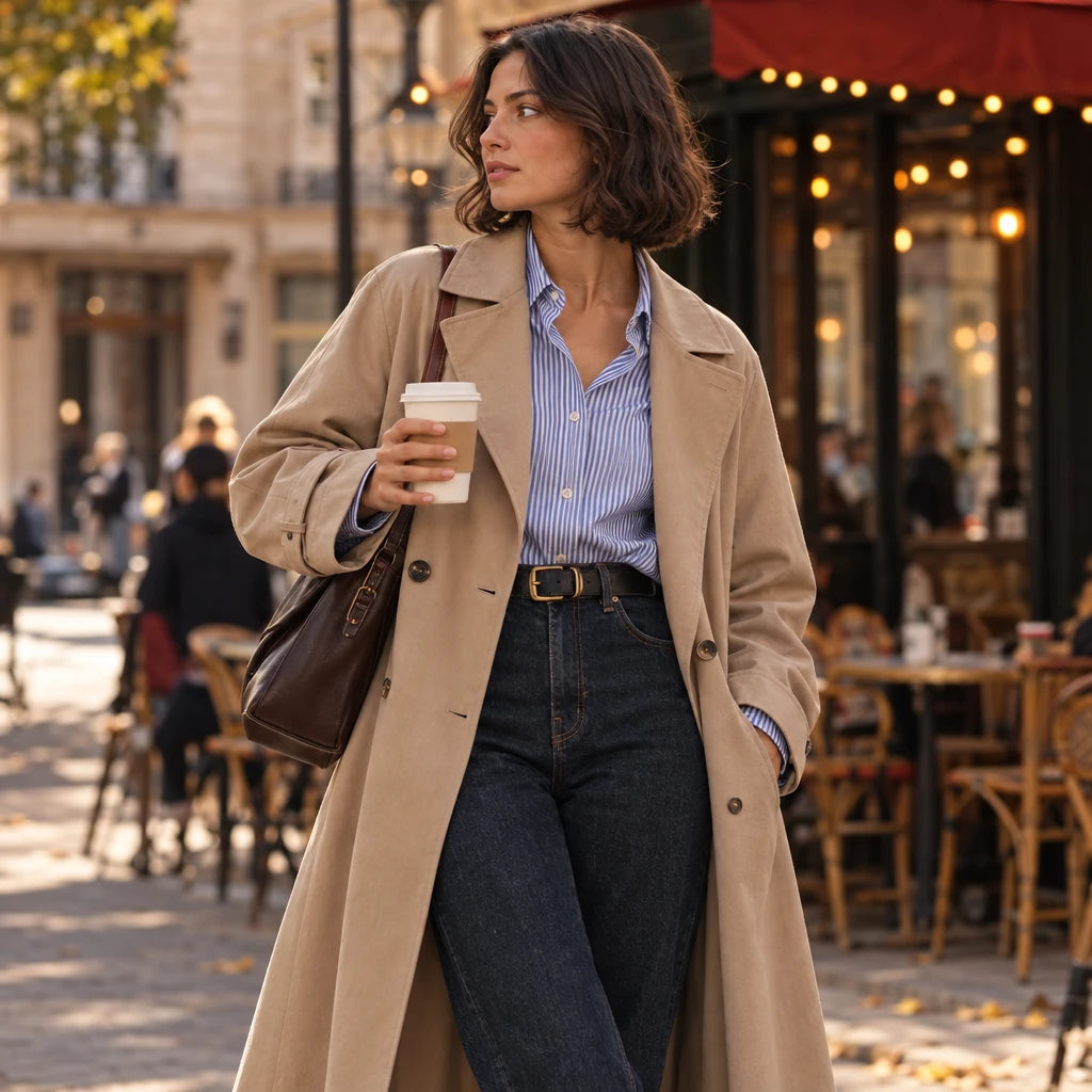 Femme portant une tenue décontractée composée de vêtements de seconde main, avec manteau à carreaux, pull et jean.