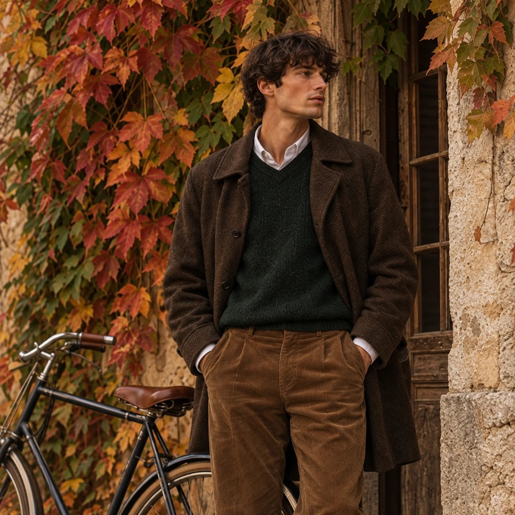 Homme portant une tenue casual de seconde main avec manteau marron, pull vert et pantalon, dans une ambiance automnale.