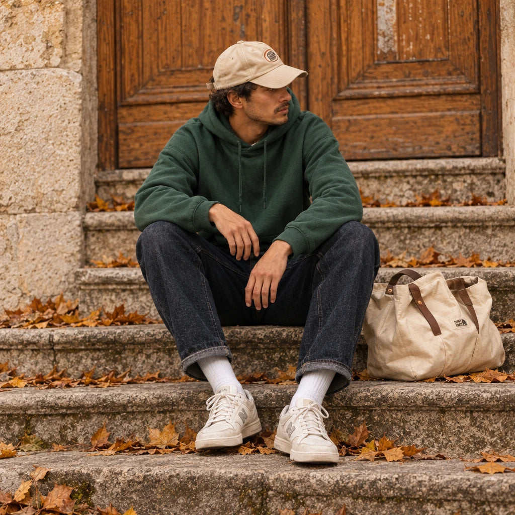 Homme portant un sweat et un jean de seconde main, avec une tenue casual adaptée au quotidien.
