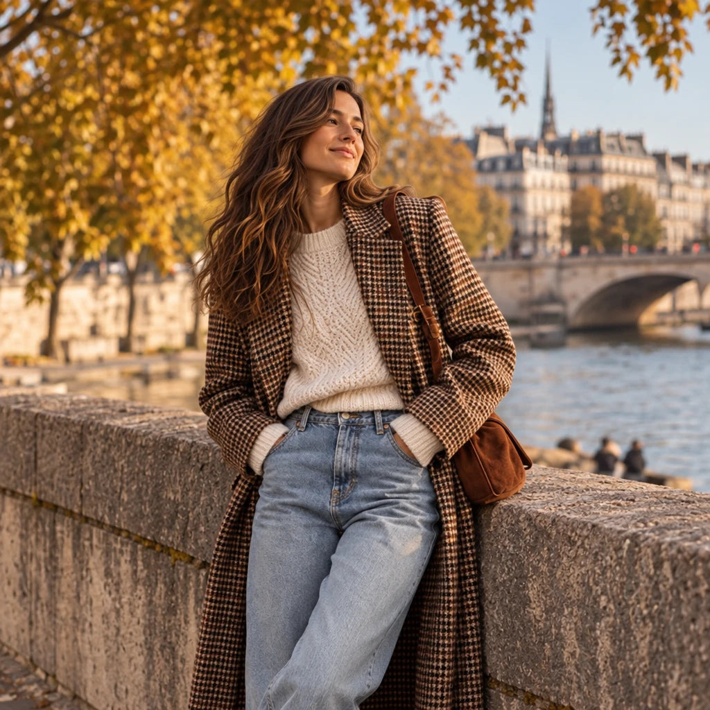 Femme portant une tenue décontractée composée de vêtements de seconde main, avec manteau à carreaux, pull et jean.